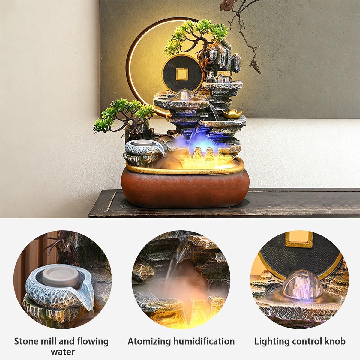 Table Fountain, Waterfall Tabletop, Water Fountain Indoor Decoration, Tabletop Decors, Features Indoor Decor, for Home Office Bedroom Relaxation(13.4x9x21in)