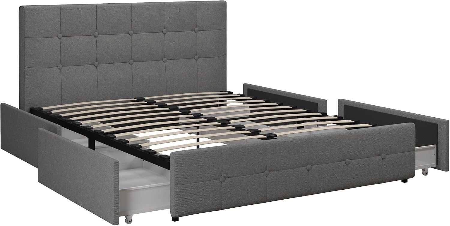 DHP Rose Upholstered Platform Bed with Underbed Storage Drawers and Button Tufted Headboard and Footboard, No Box Spring Needed, Queen, Gray Linen