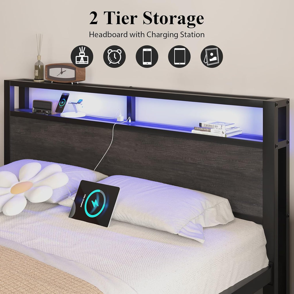 LOEWAY King Size Platform Bed with 2-Tier Storage Headboard, Metal Bed Frame with Charging Station & LED Light, Heavy Duty Metal Slats, No Box Spring Need, Noise Free, Grey