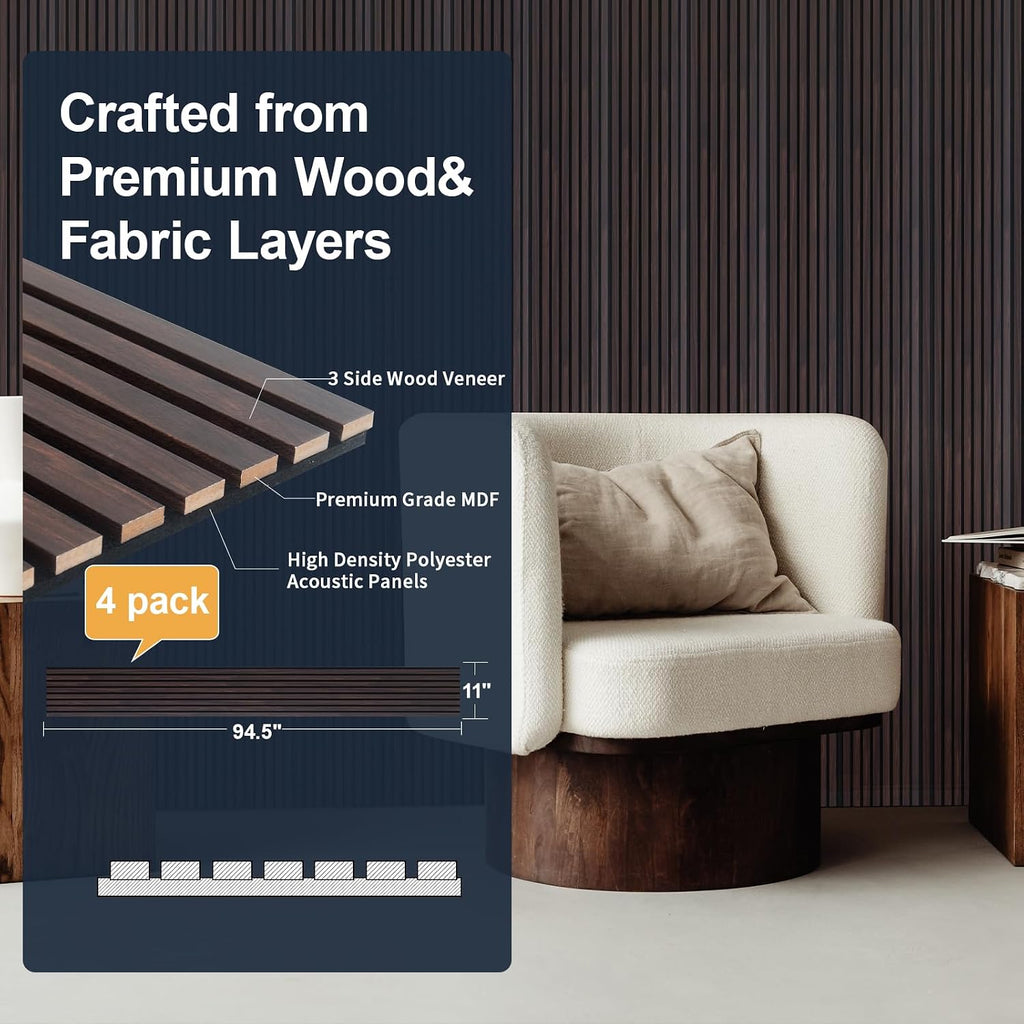 NeatiEase Wood Panels for Wall, 4-Piece 94.5' x 11' Soundproof Wood Slat Wall Panel for Interior Wall Decor Noise Cancelling, Acoustic Wall Panels, Sound Absorbing Panel (Dark Walnut)