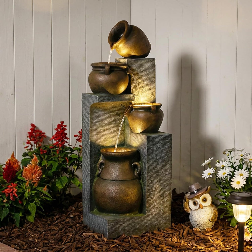 Bumilgar 53' H Large Water Fountain Outdoor - The 4 Cascading Modern Feature Crocks Garden Fountains and Waterfalls with Warm Lights for Porch, Deck, Patio, Backyard Home Décor (Gray)