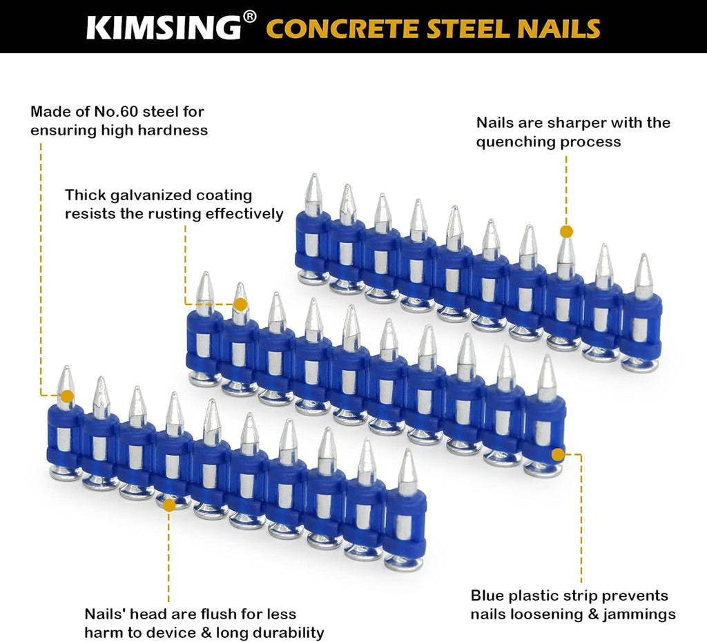 10 Boxes - KIMSING MTSD-19 12 Gauge 3/4 Inch X .109 Inch Smooth Shank Plastic Collated Concrete and Steel Drive Pin Mechanical Galvanized for Gas Power Concrete and Steel Nailer 1,000 PCS/Box