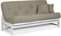 Nirvana Futons Arden White Futon Set Full or Queen Size - Armless Wood Futon Frame with Mattress Included (Twill Khaki), Space Saving Modern Sofa Bed Sleeper