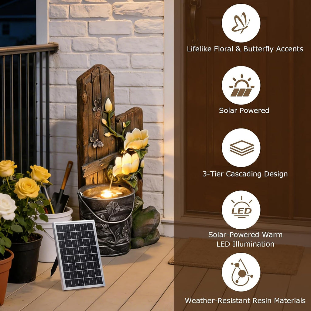 30.7' Tall Solar Water Fountain Outdoor Garden, 3 Tier Rustic Solar Powered Fountain Outdoor Faux Iron Bucket with LED Lights for Garden, Patio, Backyard, Deck, Porch, Yard