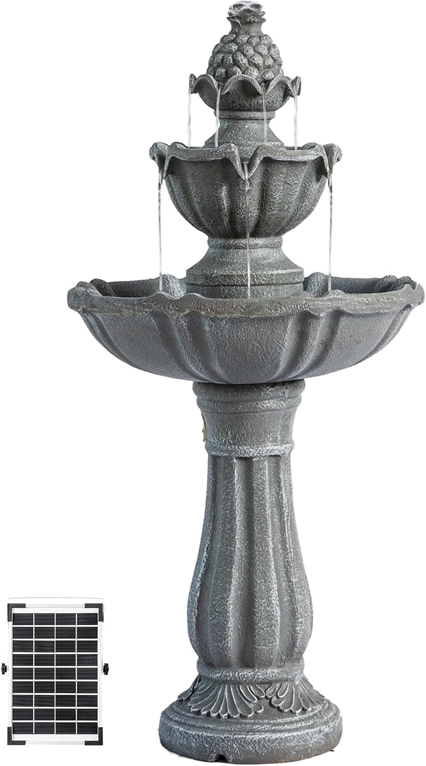 XBrand 36.2' Solar Powered 2-Tier Outdoor Water Fountain, Resin Fountain with Solar Panel Pump, Gray