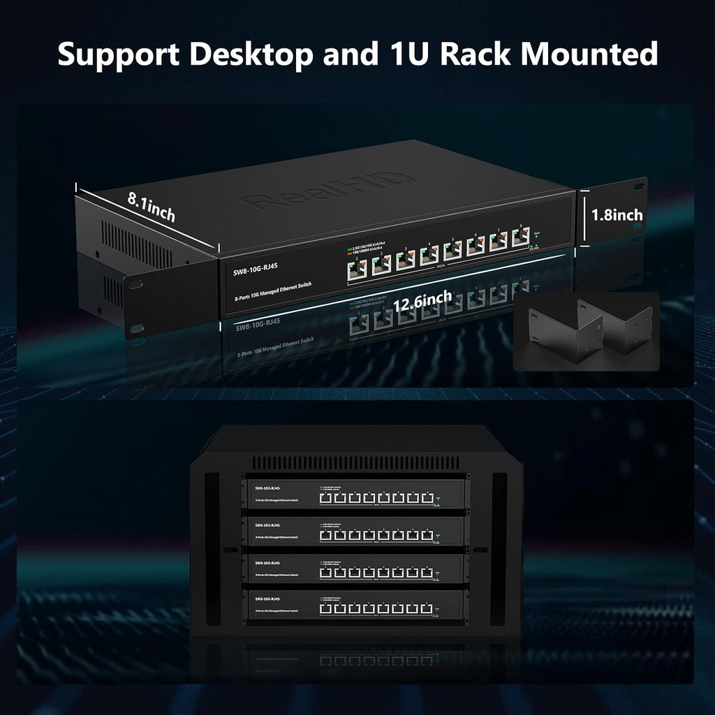 8 Port 10Gb RJ45 Web Managed Network Ethernet Switch 8 x 10G Base-T Port | Multi-Gig 10G-5G-2.5G-1G | 19 Inch Rack Mount | Built-in Fan | 160G Bandwidth | 10Gbps for 10G NAS, PC, WiFi7 Router