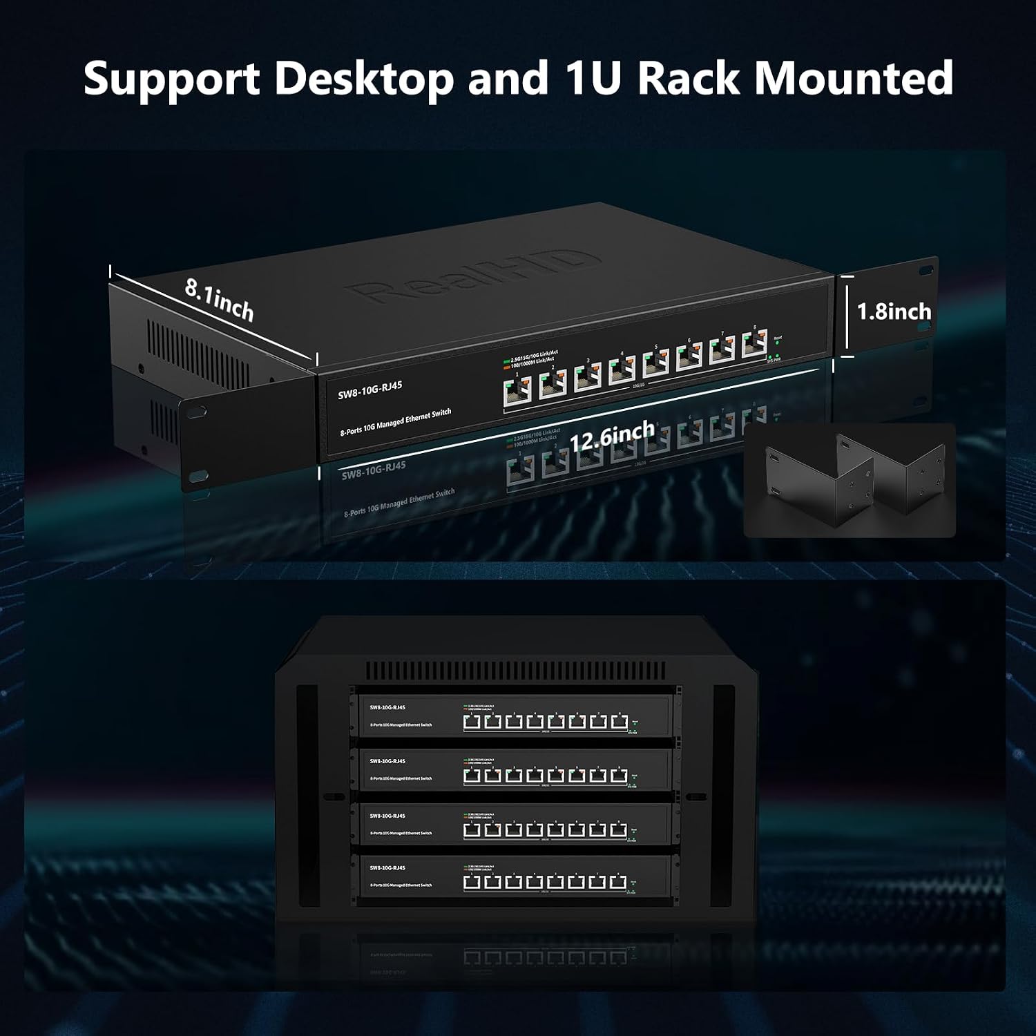 8 Port 10Gb RJ45 Web Managed Network Ethernet Switch 8 x 10G Base-T Port | Multi-Gig 10G-5G-2.5G-1G | 19 Inch Rack Mount | Built-in Fan | 160G Bandwidth | 10Gbps for 10G NAS, PC, WiFi7 Router