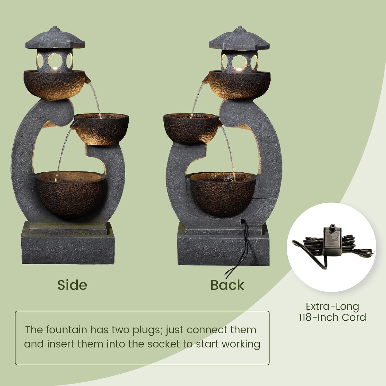 Outdoor Water Fountain with LED Lights, 3-Tier Zen Garden Fountain for Patio, Yard & Porch Decor – Durable Resin Waterfall Feature with Modern Japanese-Style Design, 35' Tall