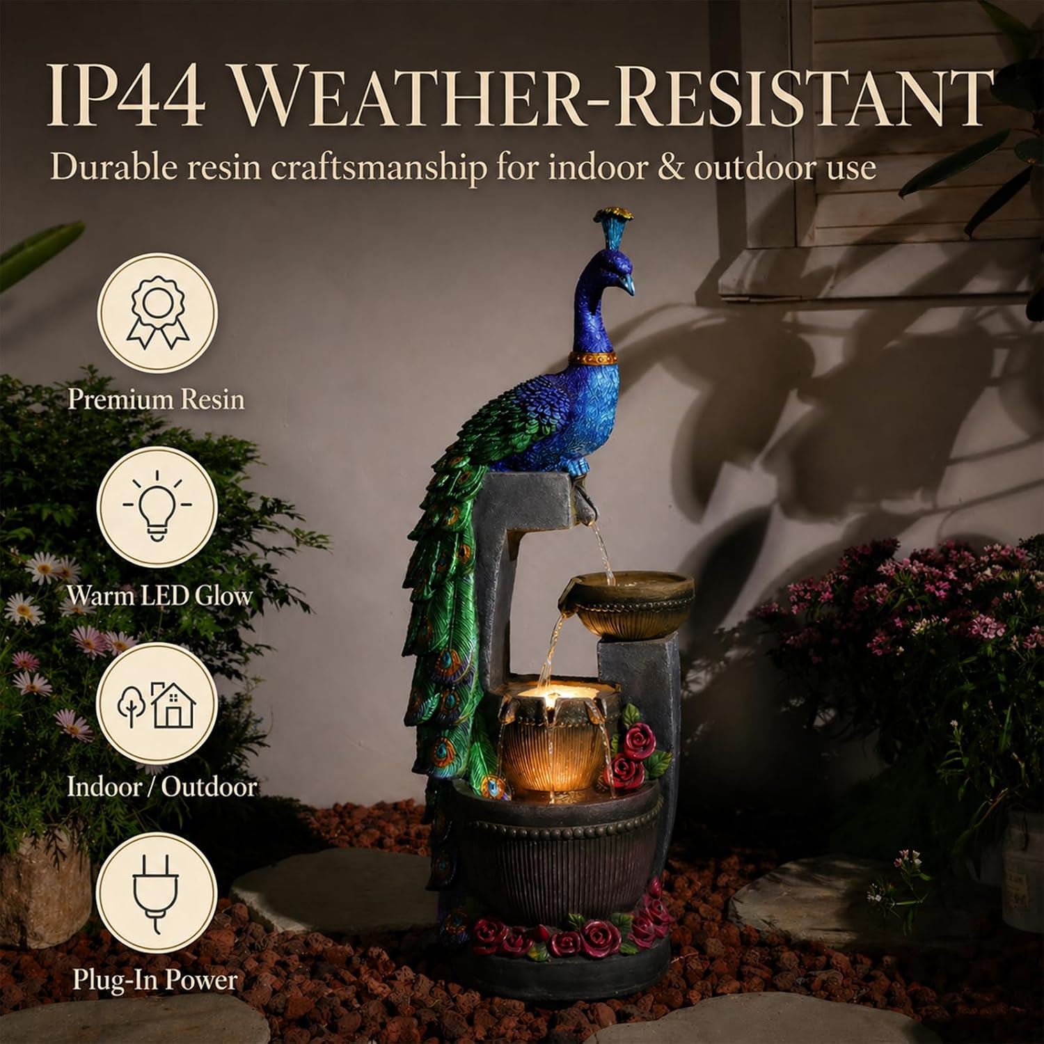 Tankana Outdoor Water Fountain 41' H Cascading Peacock Waterfall Fountain with LED Lights & Pump Tiered Water Feature for Garden, Patio, Backyard, Deck, and Porch Decor