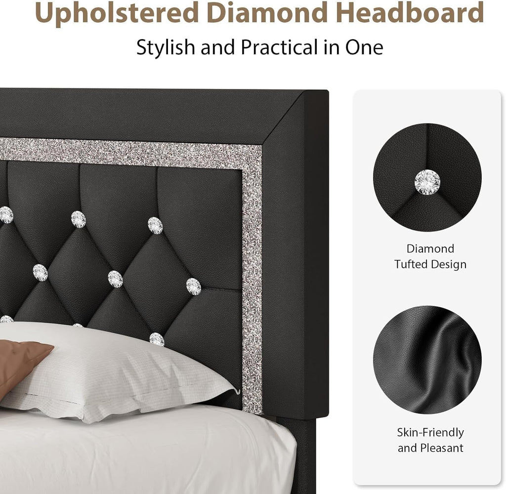 BarnFurin Full Size Bed Frame with Tufted Button Headboard, Upholstered Platform Bed Frame with Diamond Design, Wood Slat Support, No Box Spring Needed, Easy Assembly, Black
