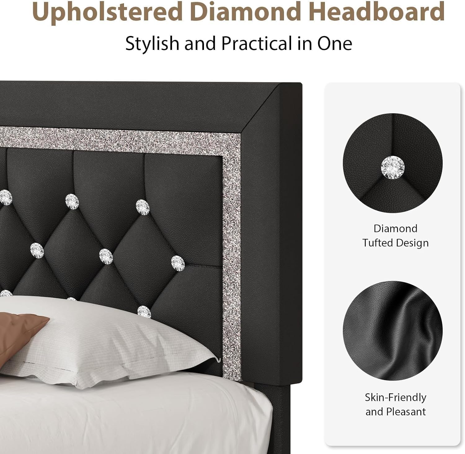 BarnFurin Full Size Bed Frame with Tufted Button Headboard, Upholstered Platform Bed Frame with Diamond Design, Wood Slat Support, No Box Spring Needed, Easy Assembly, Black