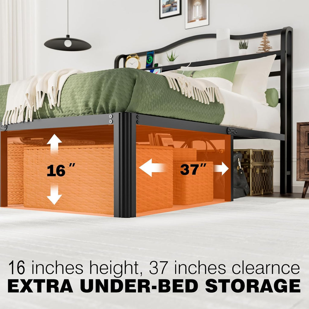 Twin XL Bed Frames with Headboard Metal Mattress Foundation 18 Inch Tall Bed Frame No Box Spring Needed Black Platform Bed Frame with Charging Station (18 Inch-A1, Twin XL)