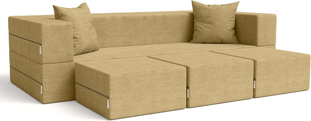 Jaxx Zipline Convertible Sleeper Sofa & Three Ottomans/California King-Size Bed, Textured Microvelvet - Camel