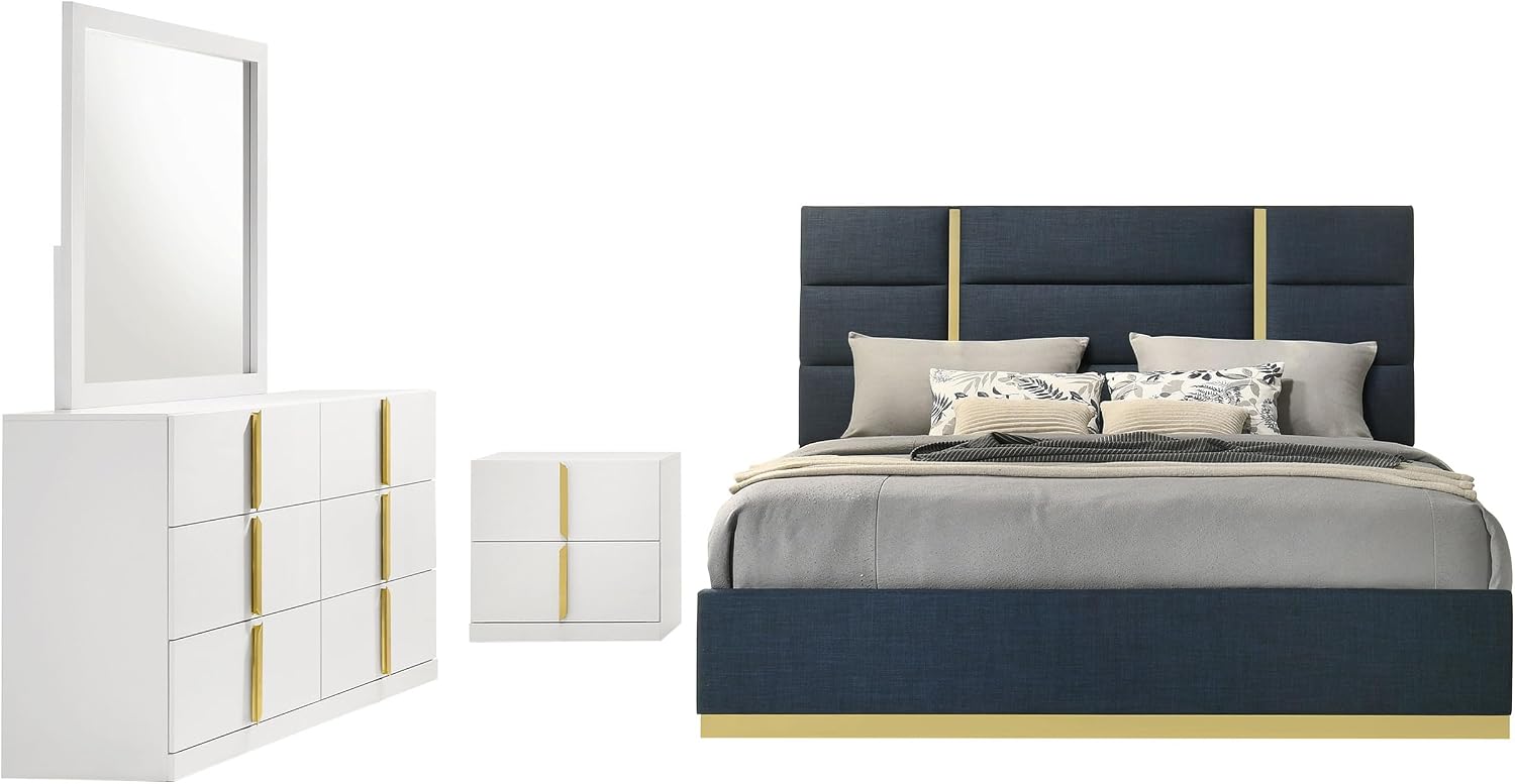 Coaster Home Furnishings - INES - Wood - 4-Piece Bedroom Set with Upholstered Bed and Flat Drawer Fronts - Bedroom - Queen Size - White High Gloss and Navy - 223091NVYQ-S4