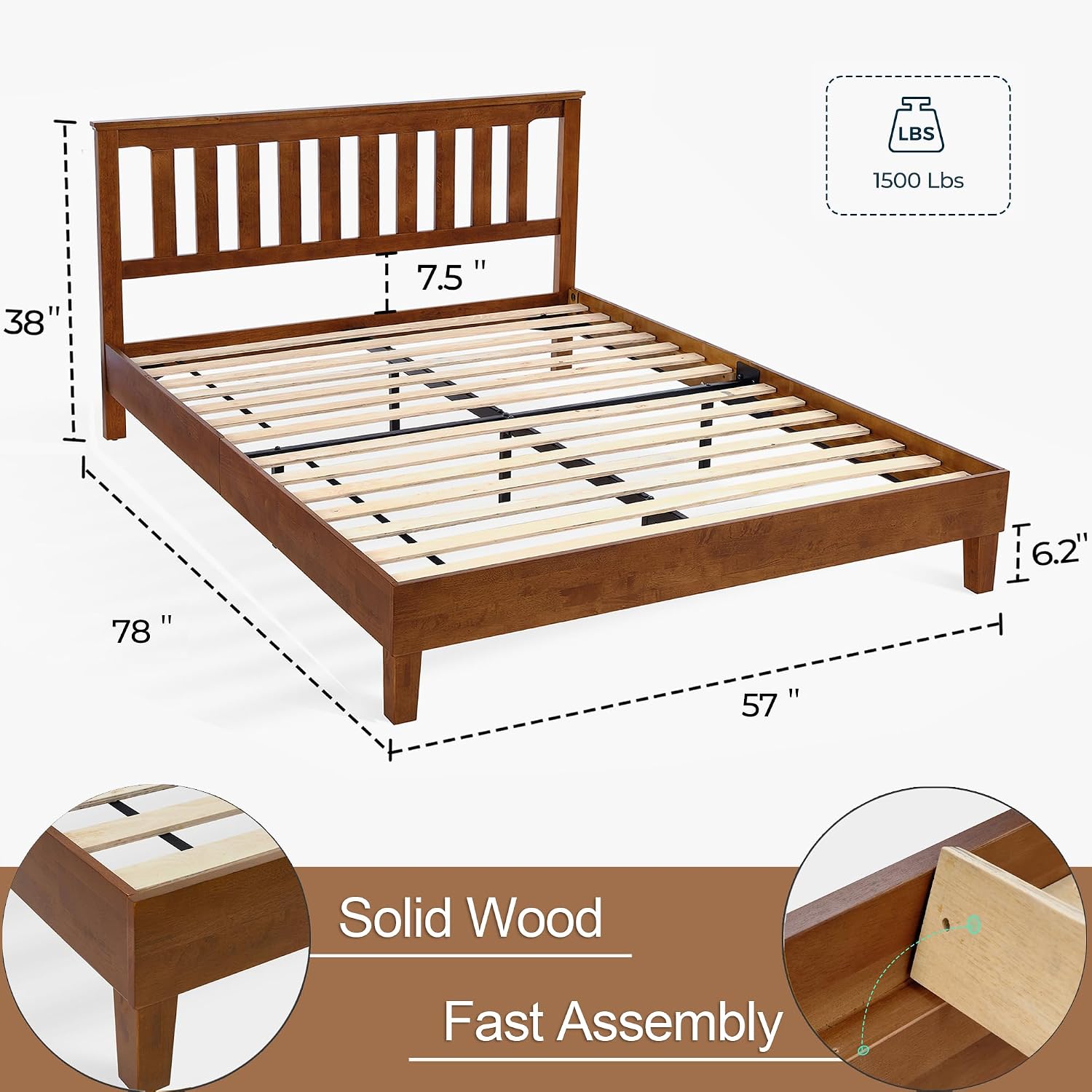 LINSY Wood Full Size Bed Frame, Solid Wood Platform Bed Frame Full with headboard, Wooden Bed with Wood Slat Support, No Box Spring Needed, Walnut