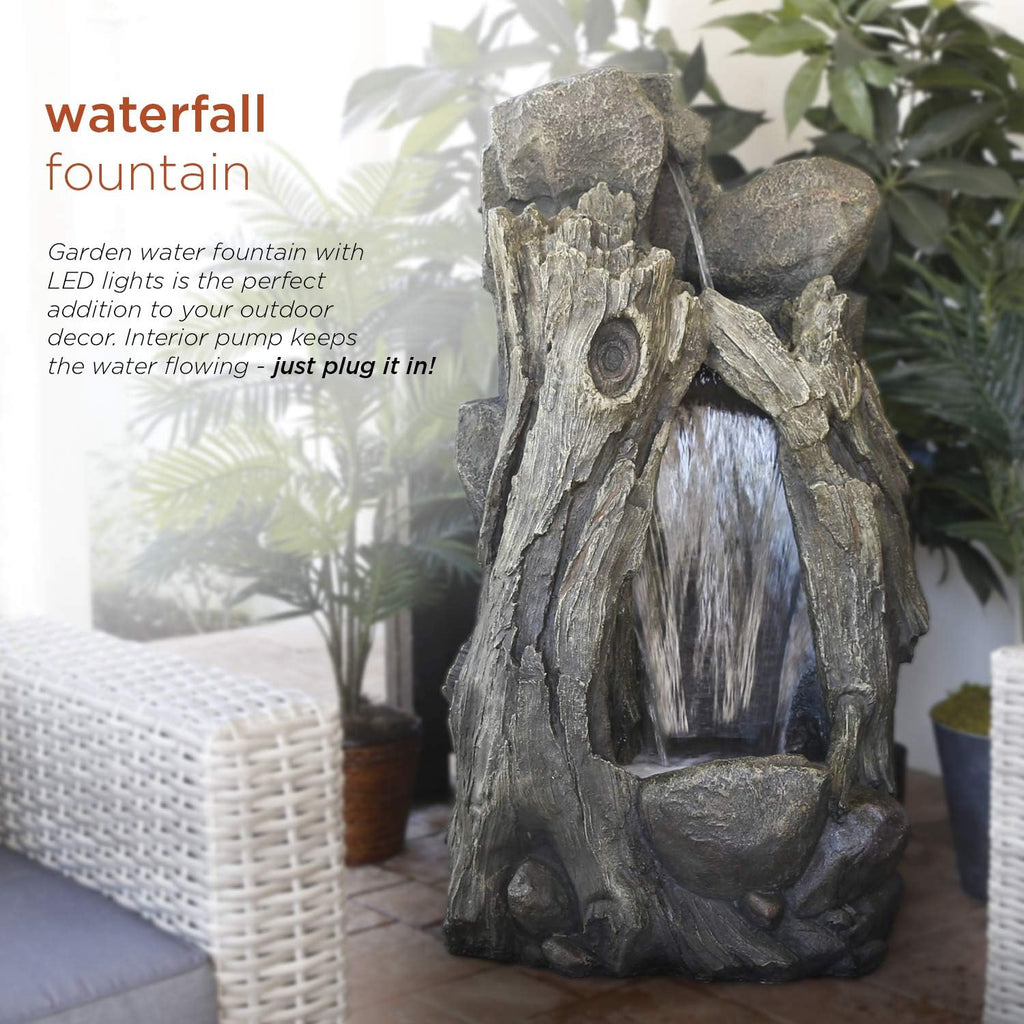 Alpine Corporation WIN270 52' Outdoor Rainforest Waterfall Tree Trunk Fountain with LED Lights, Cascading Water Feature for Garden, Patio, Backyard & Landscape Décor, Rustic, Brown
