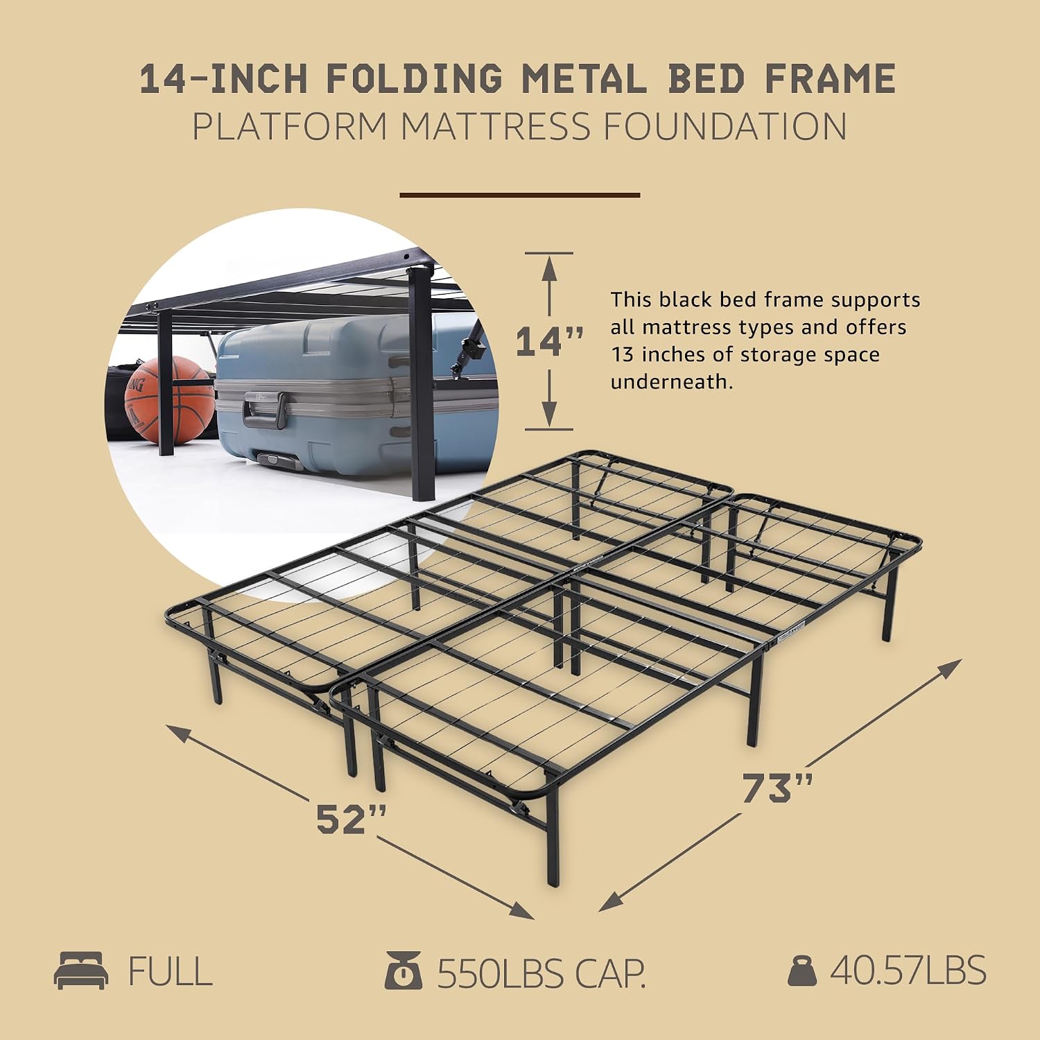 Hercules Folding Metal Bed Frame, 14 Inch Platform Mattress Foundation, Full