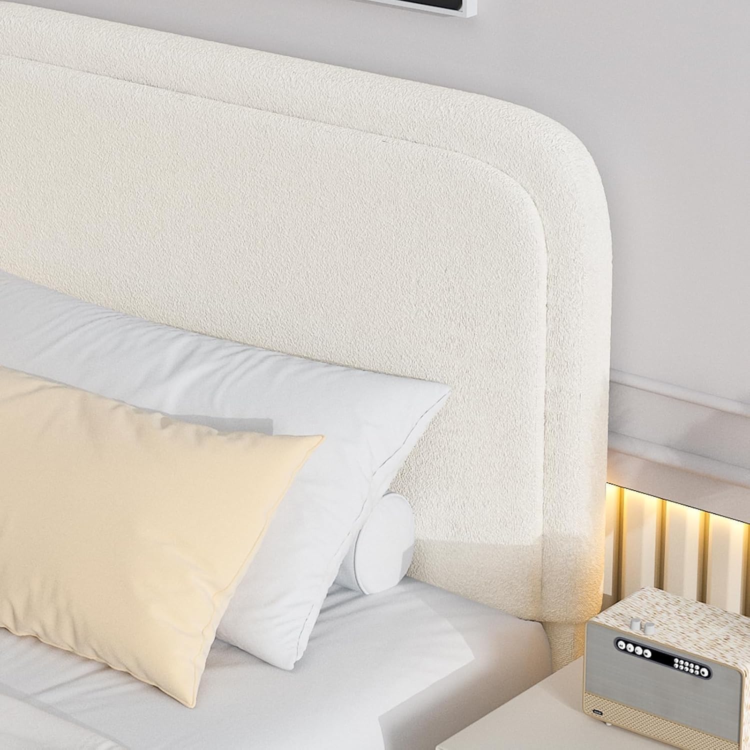 BarnFurin Boucle Upholstered California King Bed Frame/Soft Rounded Corners Headboard/Low Profile Bed Frame/No Box Spring Needed/Non-Slip and Noise-Free/Cream