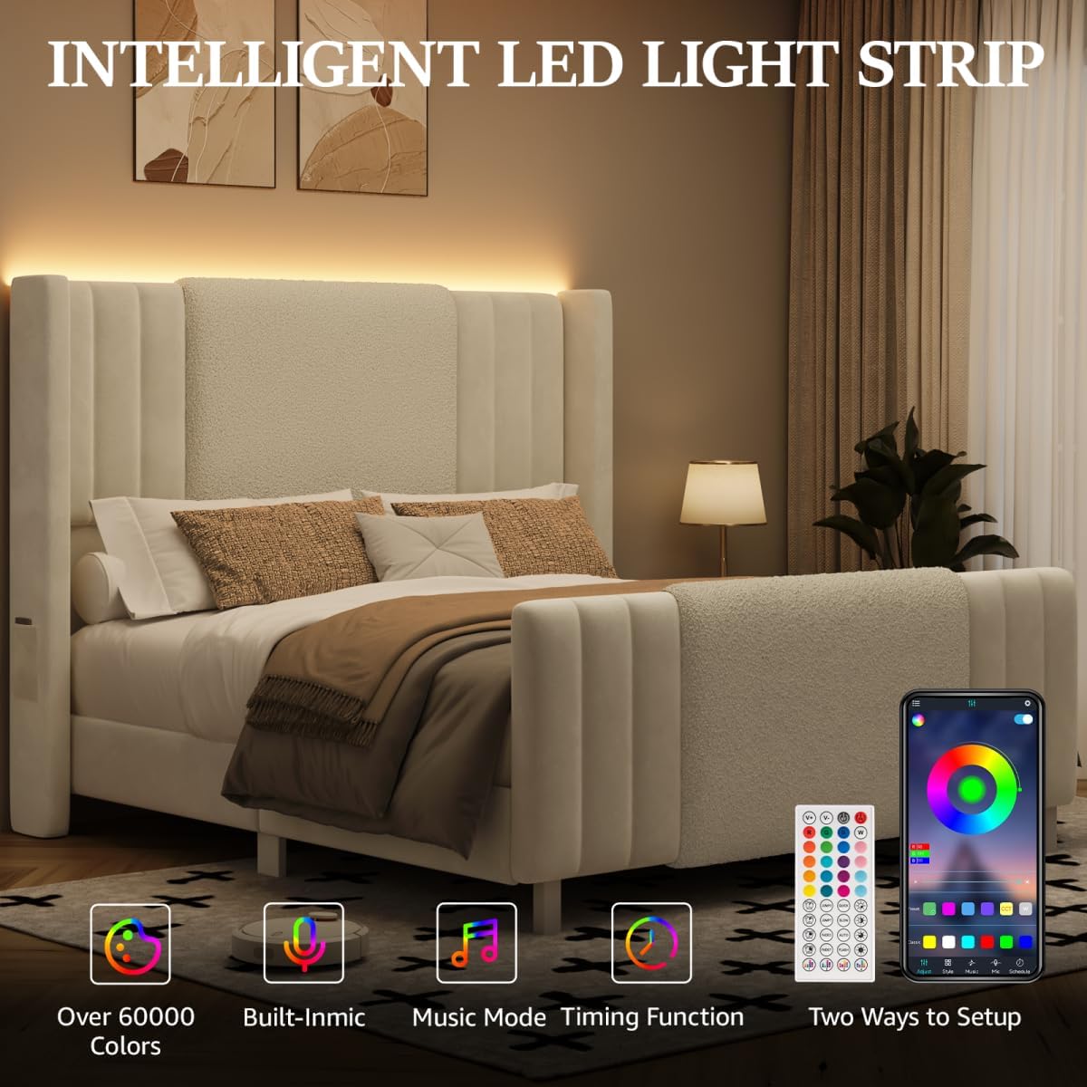 Lihimte Queen Size Bed Frame with Tall Headboard and Footboard, Boucle and Velvet Upholstered Bed Frame Queen with LED Lights, Modern Platform Bed Frames, Noiseless, Easy Assembly, White