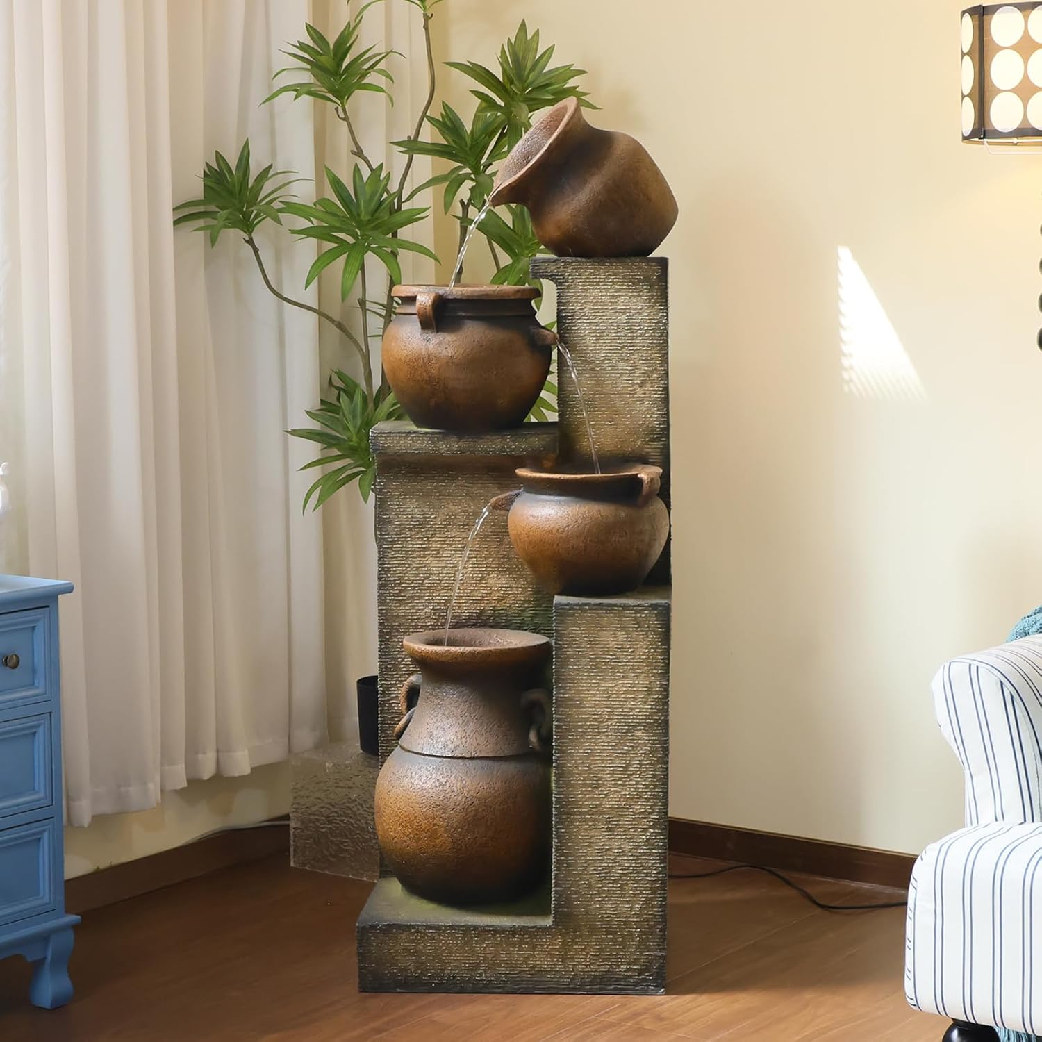 Resin Outdoor Water Fountain 4-Tier Jar Waterfall - Quiet Pump, LED Lights, Rustic Jar Cascading Water Feature for Garden Patio Backyard Decor, 53' H Fountain, Gold