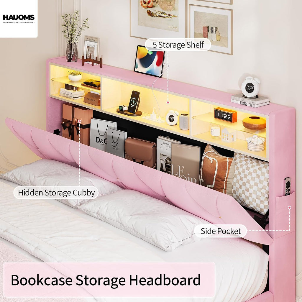 HAUOMS Full Size Bed Frames with Storage Headboard,Power Outlet, Modern Velvet Upholstered Platform Bed LED Bed Frame with 5 Storage Shelves, No Box Spring Needed, Pink