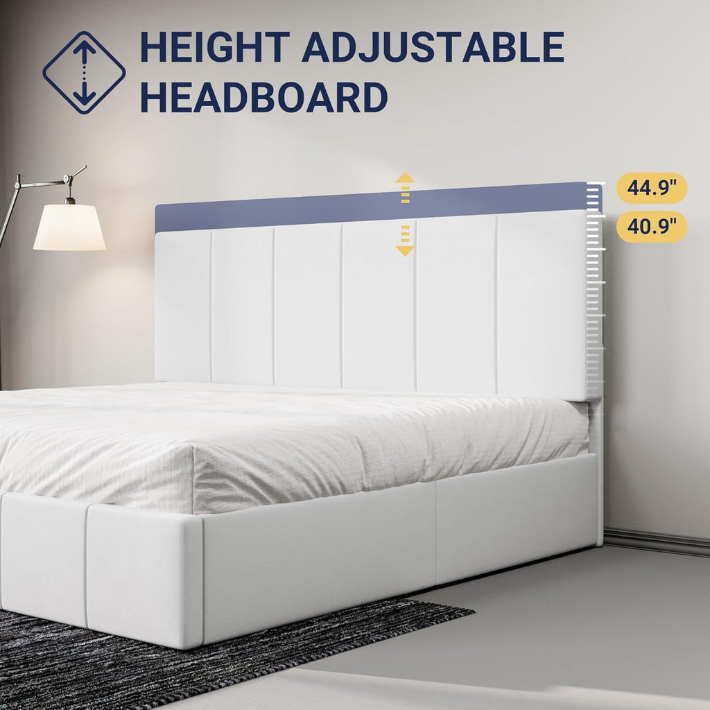 Allewie King Size Dutch Velvet Upholstered Platform Bed Frame/Vertical Channel Tufted Adjustable Headboard/Low Profile Bed Frame/No Box Spring Needed/Easy Assembly/White