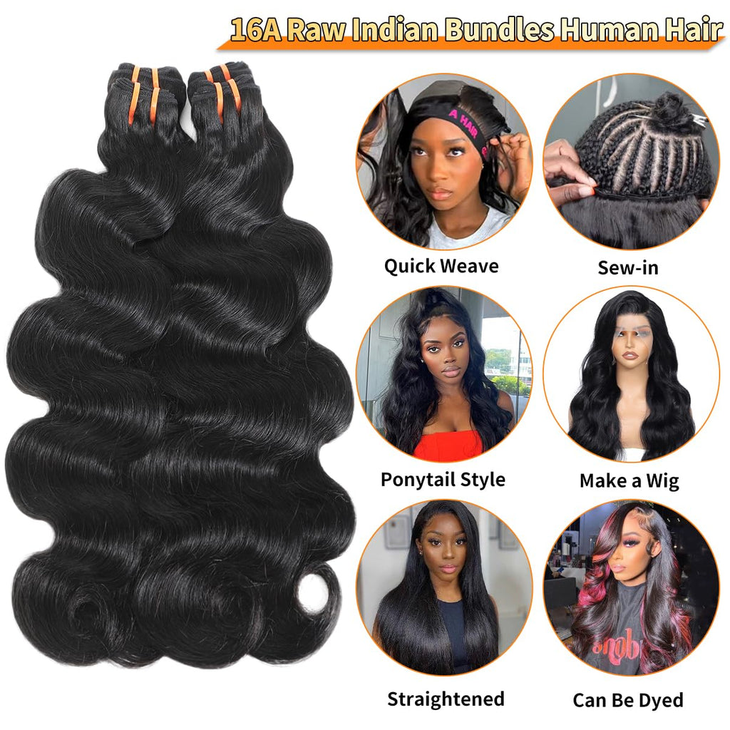 16A Raw Bundles Human Hair 14 16 18 20 Inch Body Wave Bundles Human Hair 100% Remy Virgin Human Hair 4 Bundles, 2-Year Life Span, Holds The Curls Well, Silky Soft after Mutiple Washes, Full and Thick