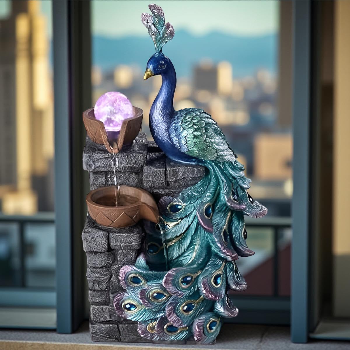 13.8-inch Peacock-Shaped Indoor Tabletop Fountain with LED Lights, Multi-Layer Waterfall & Crystal Ball – Includes 10 Free Natural Crystals – Silent Zen Decor for Home, Office & Meditation