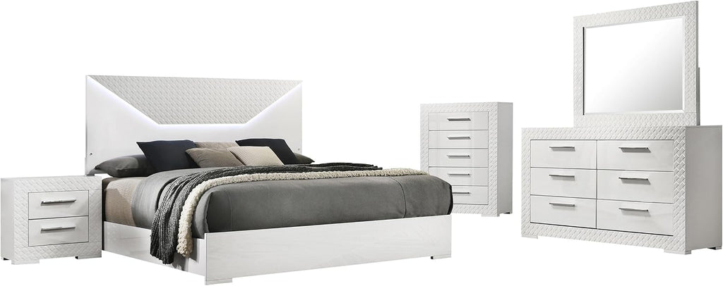 Coaster Home Furnishings Ives Contemporary 5-Piece Bedroom Set Queen Size LED Panel Bed Frame 57-inch Headboard White High Gloss 224941Q-S5