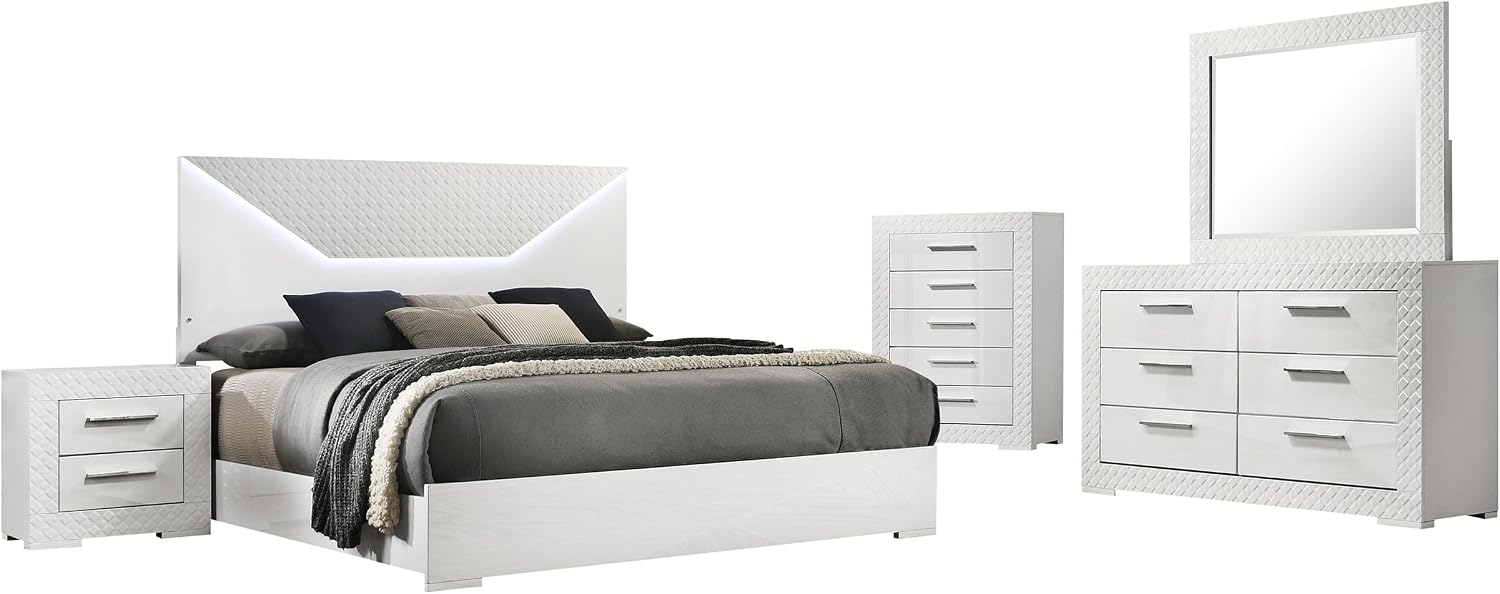 Coaster Home Furnishings Ives Contemporary 5-Piece Bedroom Set Queen Size LED Panel Bed Frame 57-inch Headboard White High Gloss 224941Q-S5