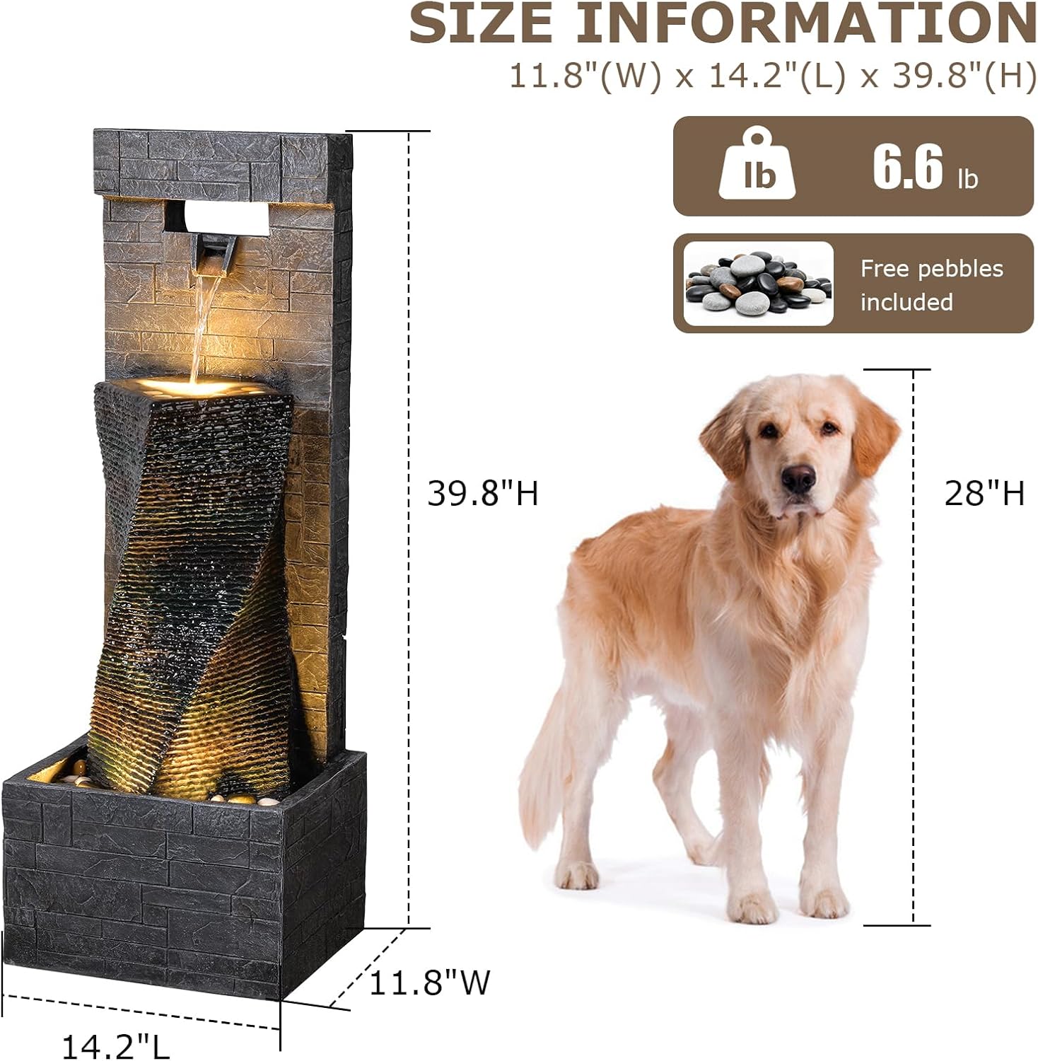 39.8'' Tall Modern Spiral Waterfall Fountain Outdoor/Indoor Water Fountain Resin Stone-Like Water Feature with LED Lights for Outside, Garden, Patio, Porch, Deck, Backyard, Home Decor