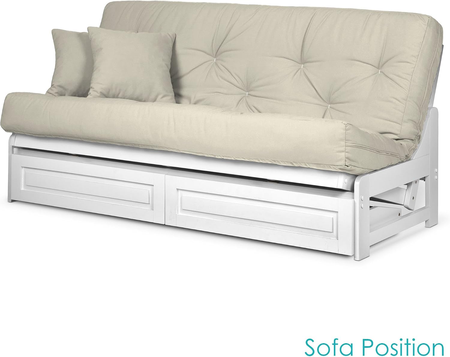Nirvana Futons Arden White Futon with Storage Drawers Queen Size - Minimalist Armless Design with 8 Inch Comfortable Mattress (Twill Ivory), Sofa Bed Available in