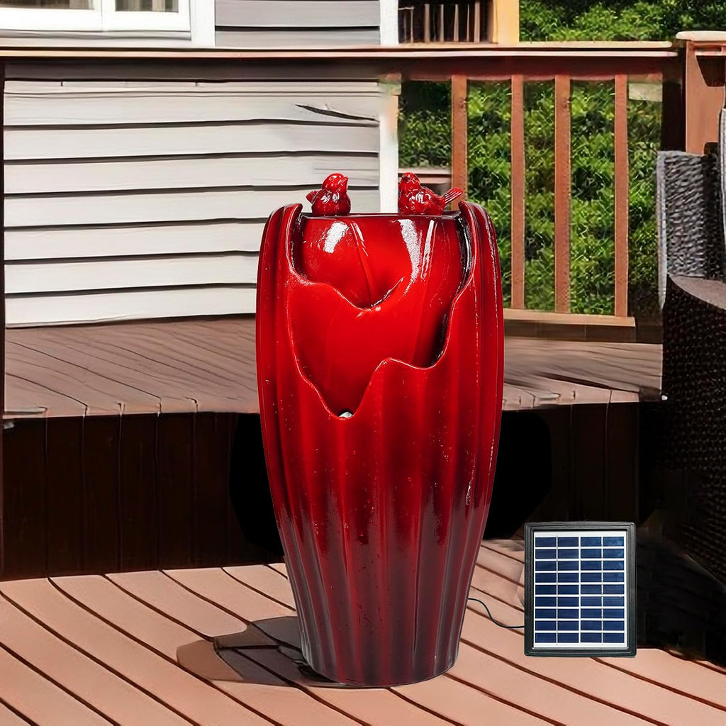 Ferrisland Solar Powered Water Fountain with LED Lights, 20' H Resin Red Vase Outdoor Freestanding Fountain with Pump, Bird Water Fountain & Water Falls for Outside Garden & Backyard Decking Décor