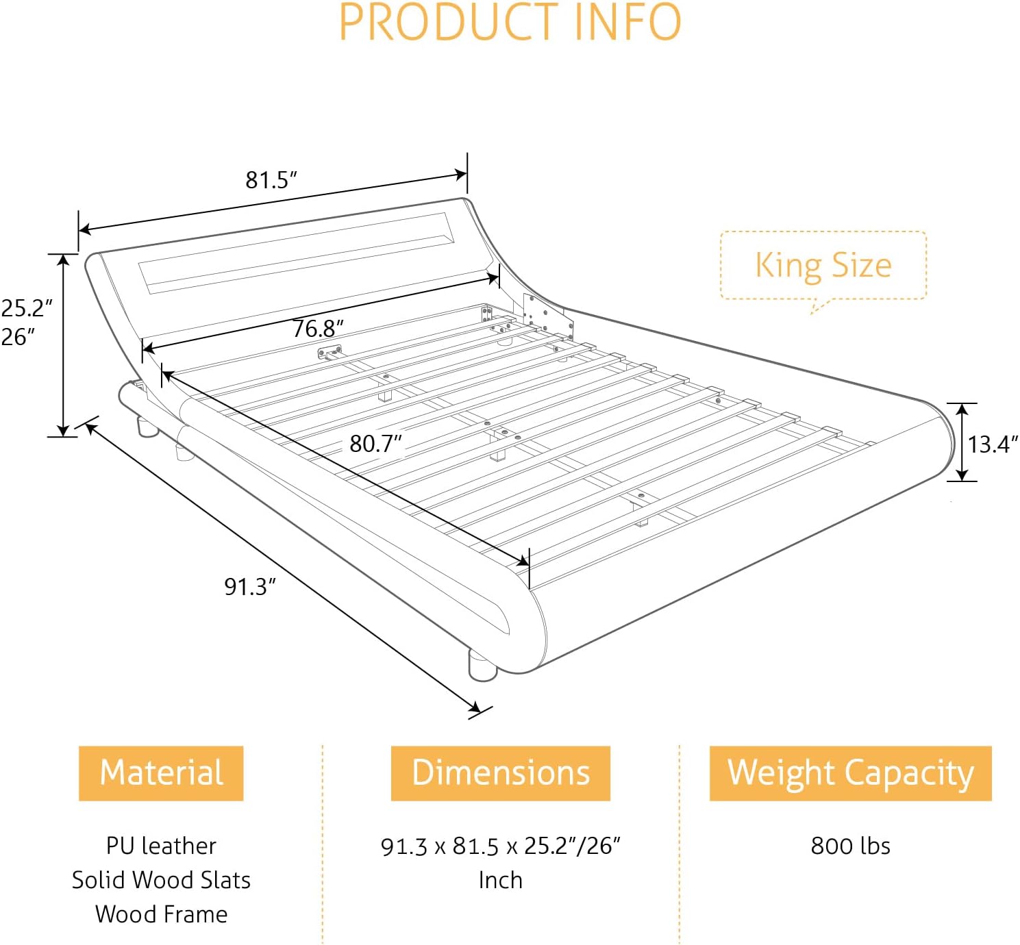 SHA CERLIN LED King Deluxe Upholstered Bed Frame with Adjustable Headboard - Low Profile Sleigh Design, Strong Wood Slats Support, No Box Spring Needed, Grey