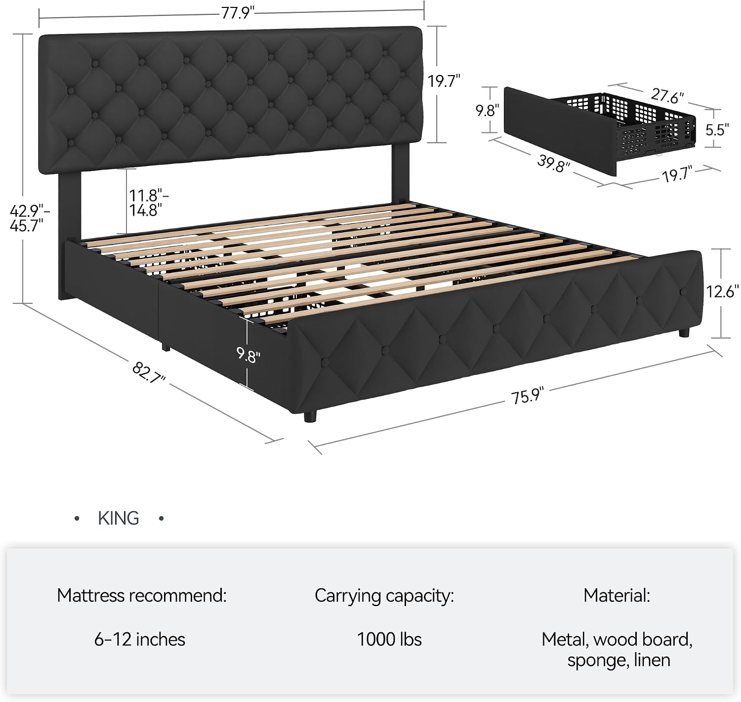 IDEALHOUSE King Size Bed Frame with 4 Storage Drawers and Adjustable Headboard, Linen Upholstered Platform Beds, Diamond Stitched Button Tufted, No Box Spring Needed, Black