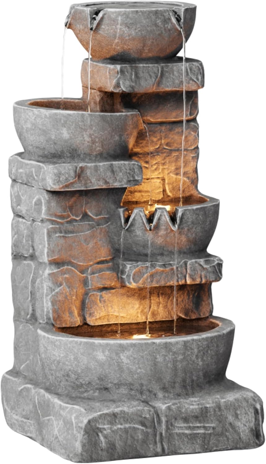 Teamson Home 33' Outdoor Water Fountain with LED Lights, 3-Tier Cascading Bowls, Weather-Resistant Resin Garden Water Feature for Patio, Lawn, and Backyard Decor – Stone Gray