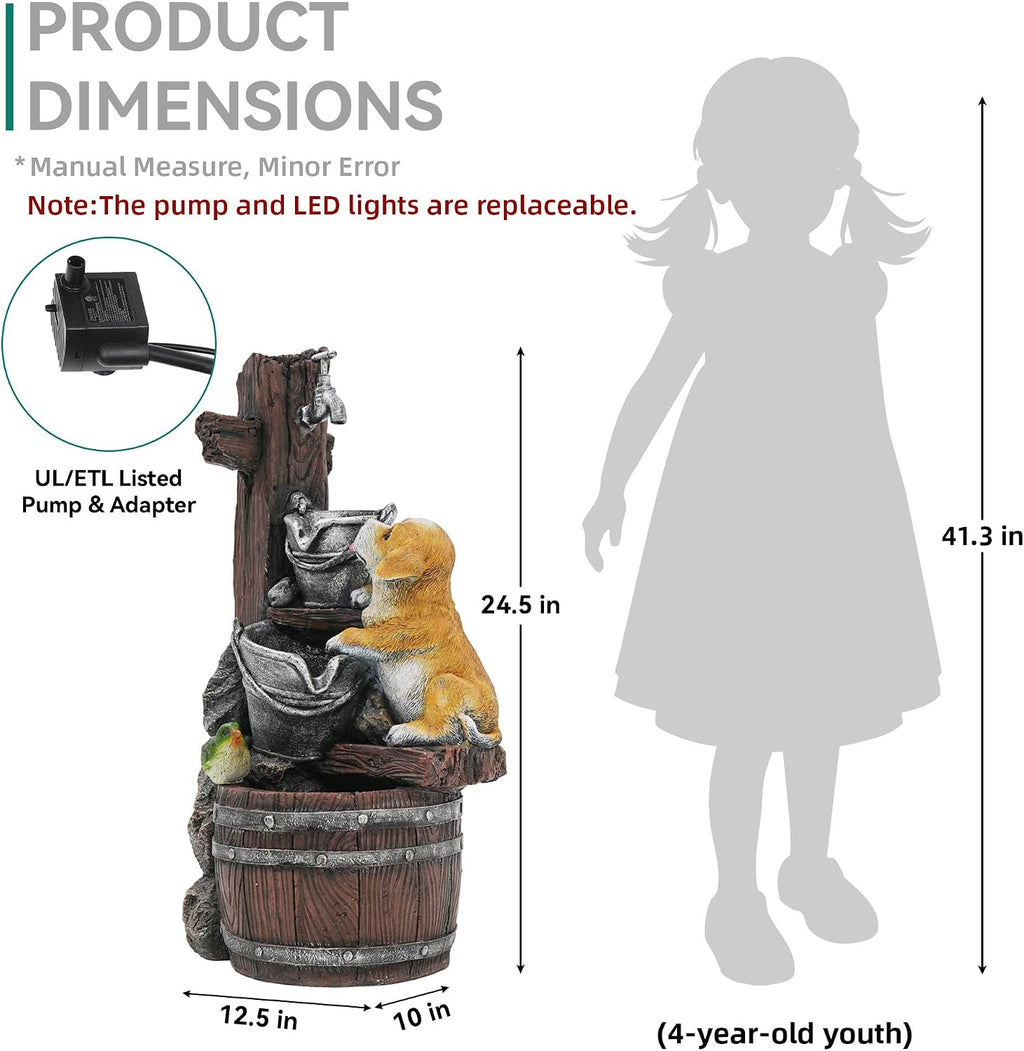 24.5' Puppy & Green Bird Outdoor Fountain, 3-Tier Pastoral Water Feature with LED Lights, Resin Buckets & Wooden Barrel Soothing Cascading Waterfall for Patio, Backyard, Garden