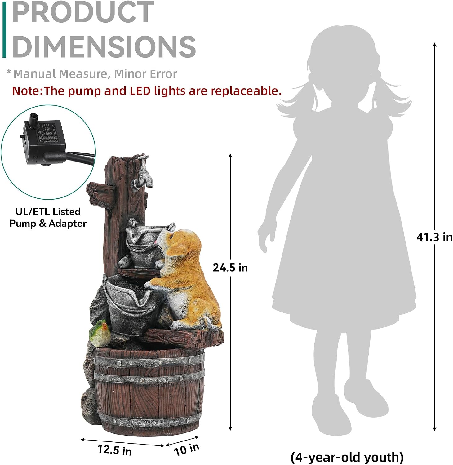 24.5' Puppy & Green Bird Outdoor Fountain, 3-Tier Pastoral Water Feature with LED Lights, Resin Buckets & Wooden Barrel Soothing Cascading Waterfall for Patio, Backyard, Garden