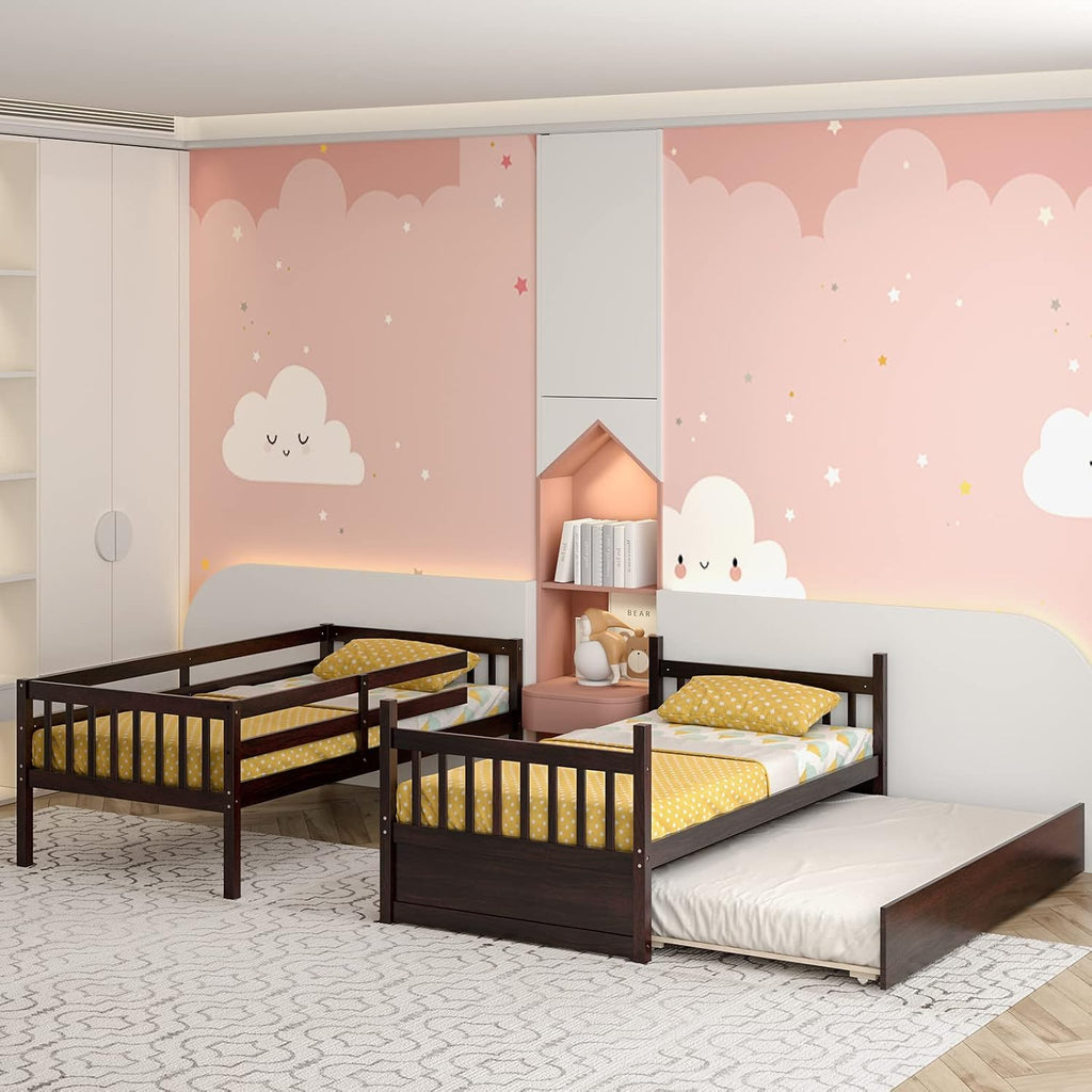 KOMFOTT Wood Twin Over Twin Bunk Bed with Trundle, Solid Pine Wood Bunk Bed Frame with Ladder & Safety Guardrails, Space-Saving Convertible Twin Bed Frame for Home & Dormitory, No Box Spring Needed