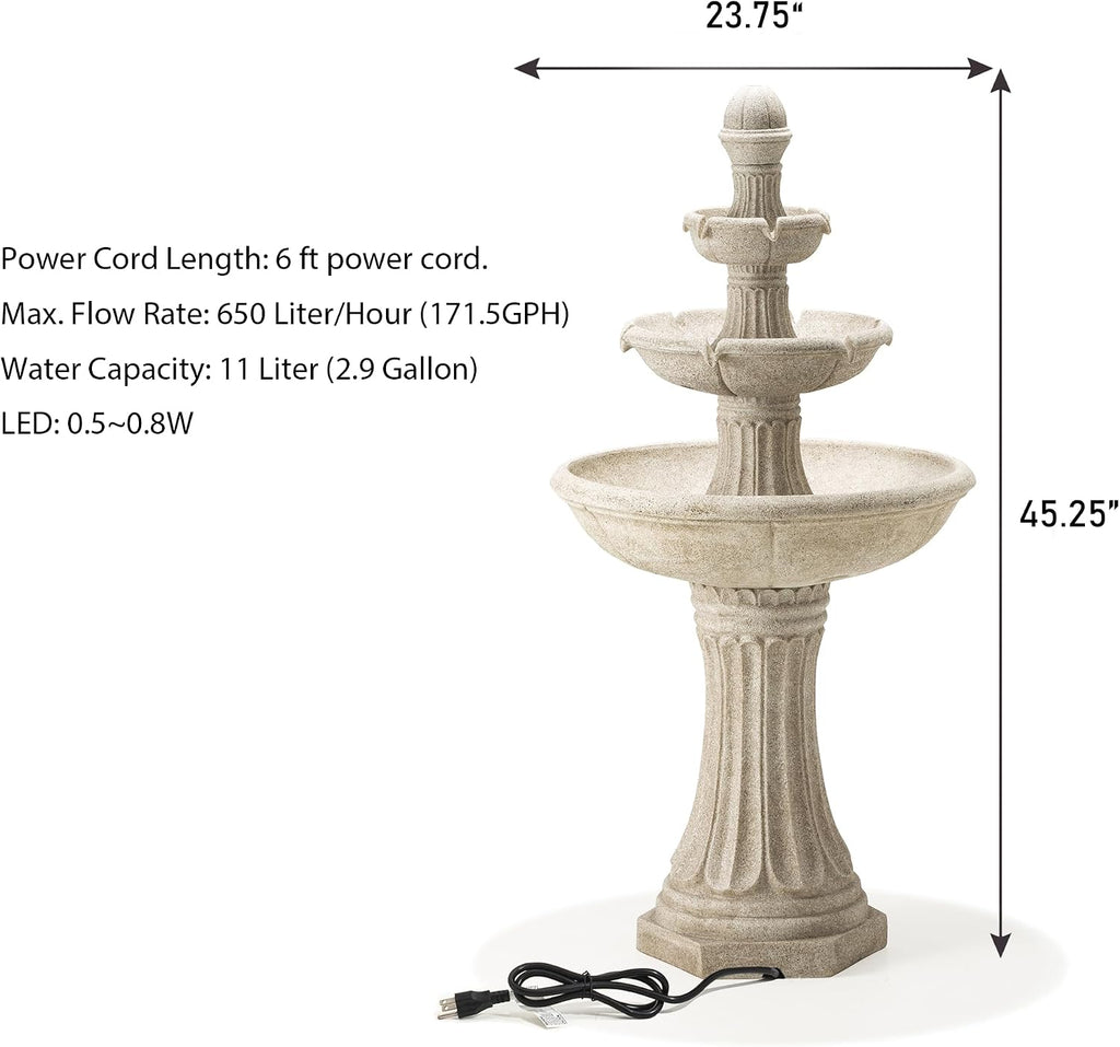 Glitzhome Water Fountain Outdoor Floor-Stand Fountains with LED Light & Pump, Oversized 3 Tier Terrazzo Waterfalls Patio Fountain and Waterfalls Outdoor Yard Fountains for Lawn Garden Backyard Deck