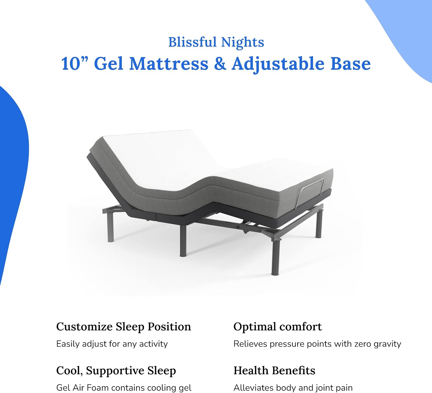 Blissful Nights e3 Cal King Split Adjustable Bed Base Frame with 10' Medium Firm Gel Infused Memory Foam Mattress