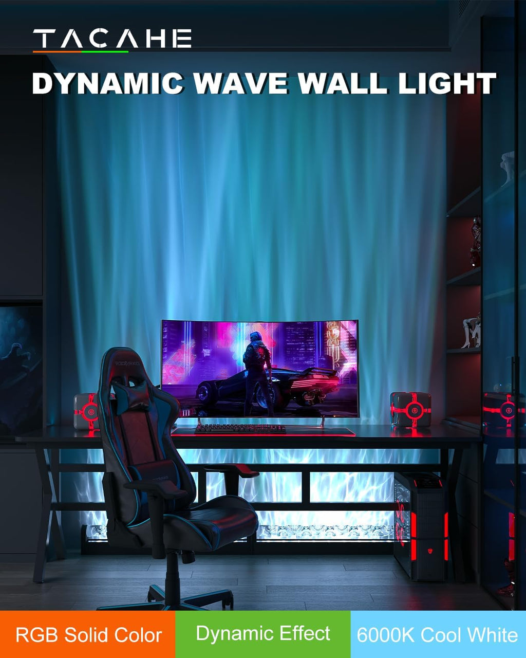 TACAHE RGBW Dynamic Wave Wall Light - Flowing Water, Aurora Visual - Color Changing Wall Washer Lamp with Remote & APP - Ambient Light for Living Room, Gaming Set - 39.3' - 12W - 1 Pack