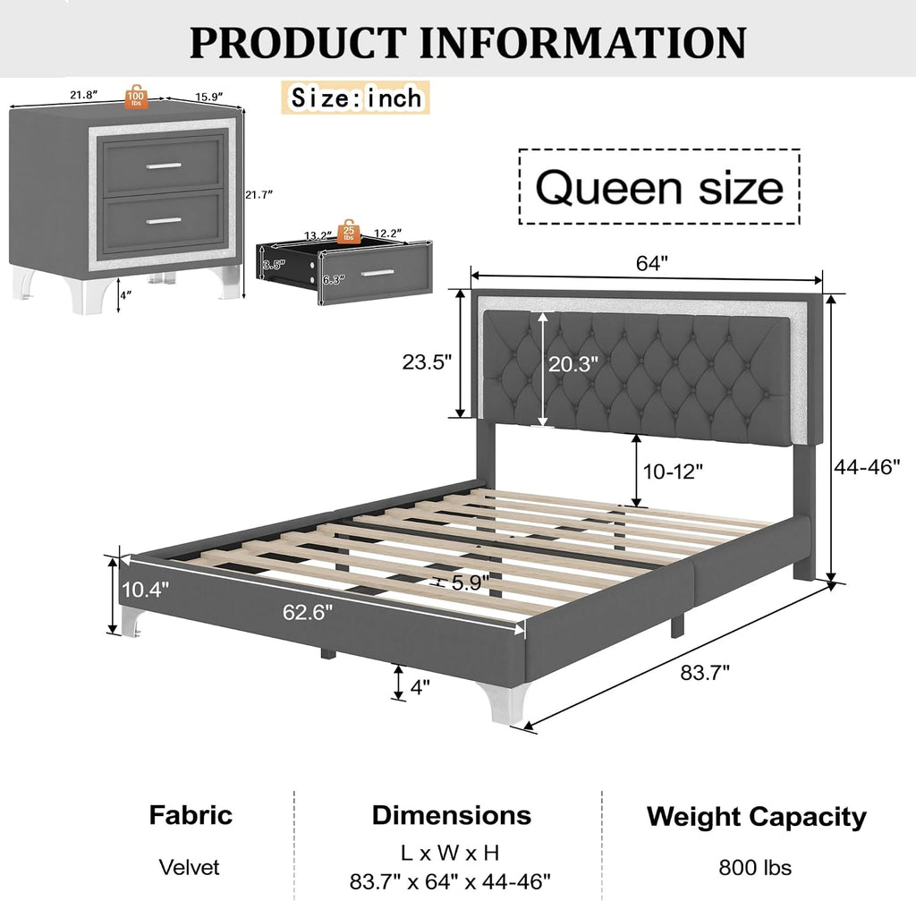 Linique 3-Pieces Bedroom Sets, Queen Size Velvet Upholstered Platform Bed Frame with LED Lights and Two Nightstands, Wooden Platform Bed with Button Tufted Headboard, Grey
