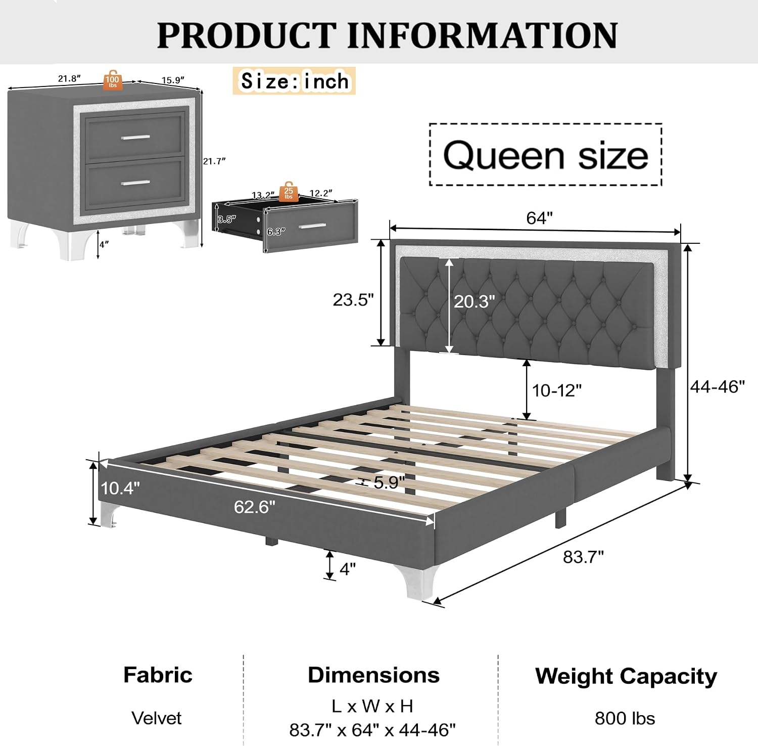 Linique 3-Pieces Bedroom Sets, Queen Size Velvet Upholstered Platform Bed Frame with LED Lights and Two Nightstands, Wooden Platform Bed with Button Tufted Headboard, Grey