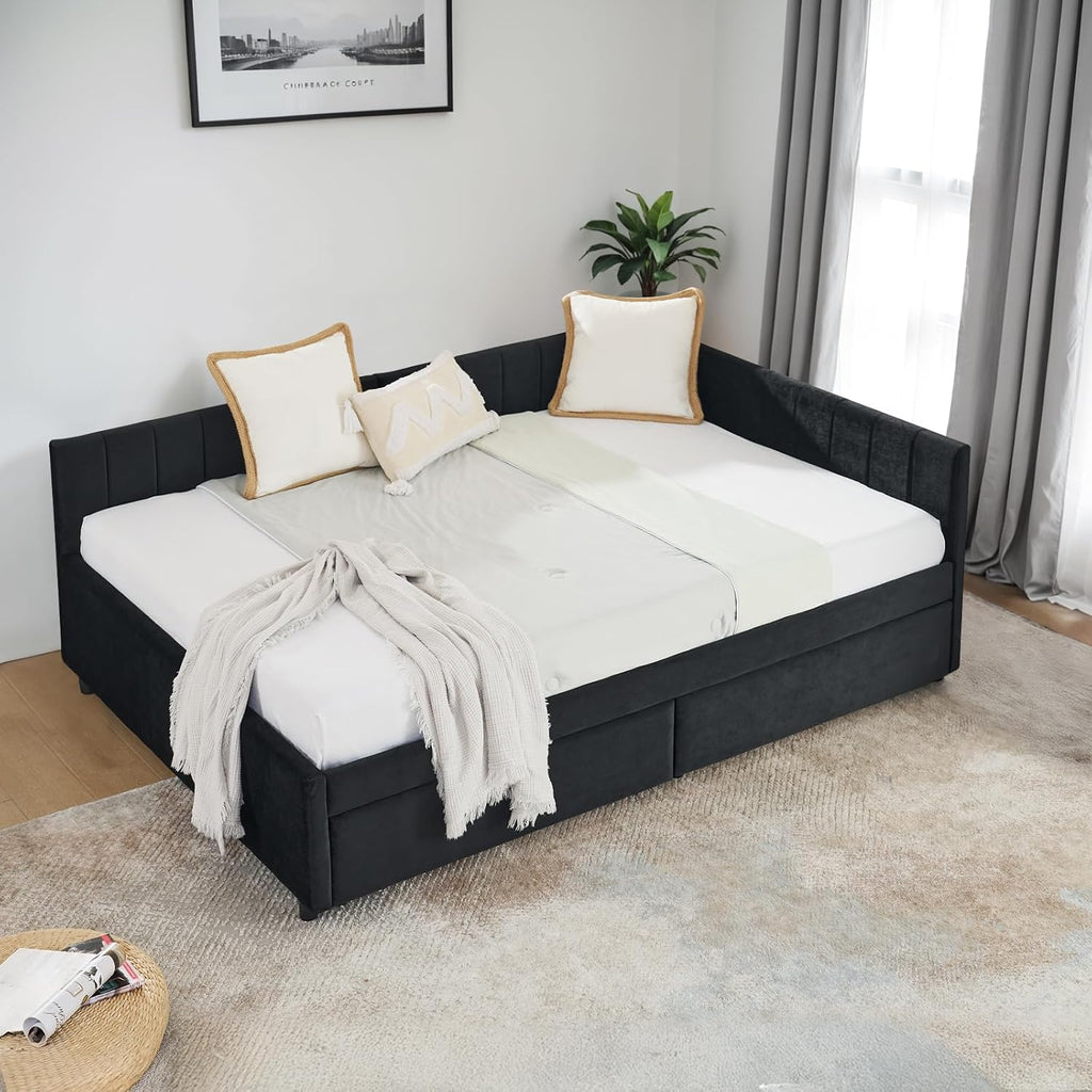 Daybed with Storage Drawers,Full Size Daybed with Stripes,Velvet L-Shaped Corner Bed Frame,Wood Day Bed Frame,Upholstered Sofa Bed for Living Room/Bedroom/Guest Room,No Box Spring Needed,Black