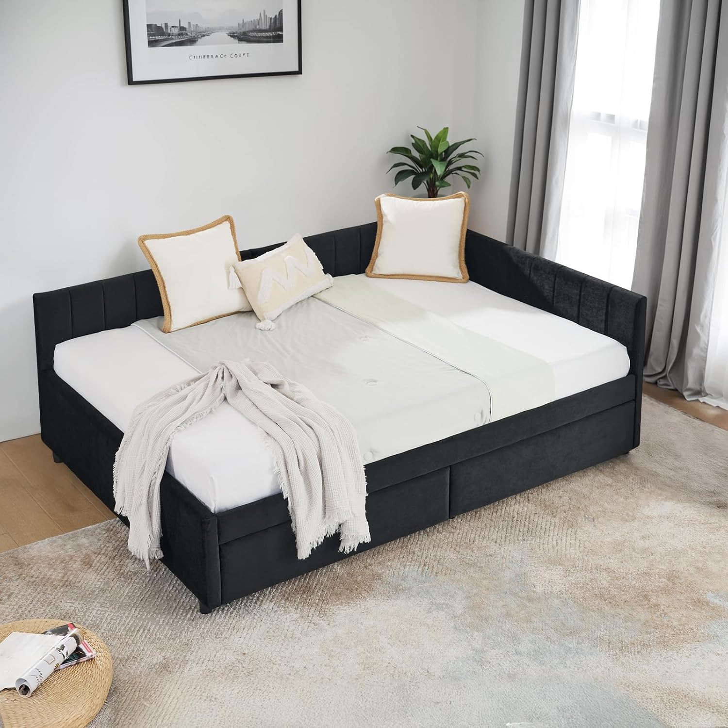 Daybed with Storage Drawers,Full Size Daybed with Stripes,Velvet L-Shaped Corner Bed Frame,Wood Day Bed Frame,Upholstered Sofa Bed for Living Room/Bedroom/Guest Room,No Box Spring Needed,Black