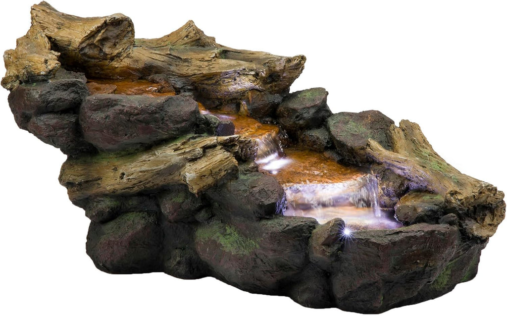 Alpine Corporation TZL296 41' Long Indoor/Outdoor River Rock and Log Fountain with LED Lights – Outdoor Water Feature for Garden, Patio, and Home Décor, Brown