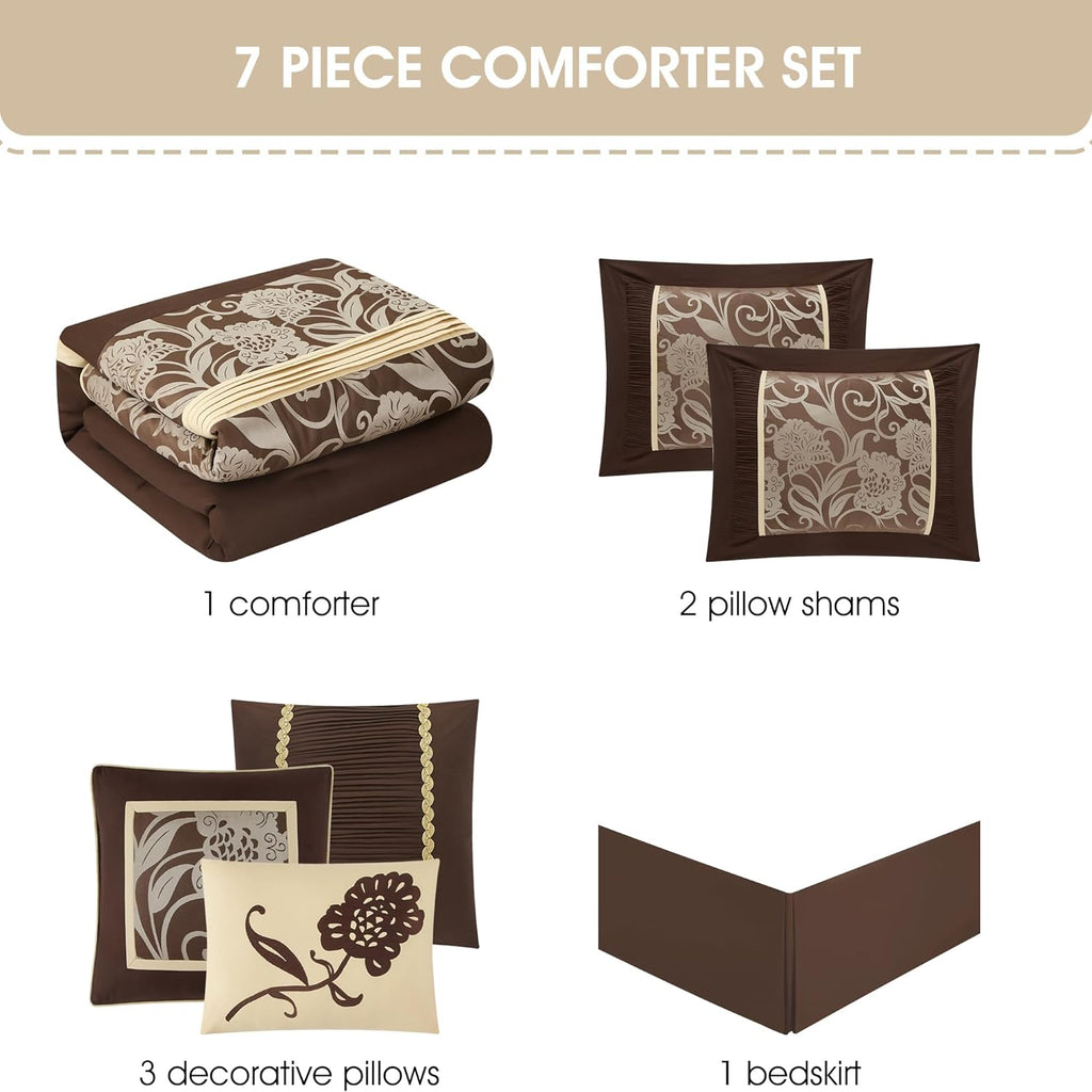 Stratford Park 7 Piece Brown Gold Comforter Set, King Size Jacquard Floral Bedding Set, All Season, Ultra-Soft, Matching Pillows & Shams, Bed Skirt