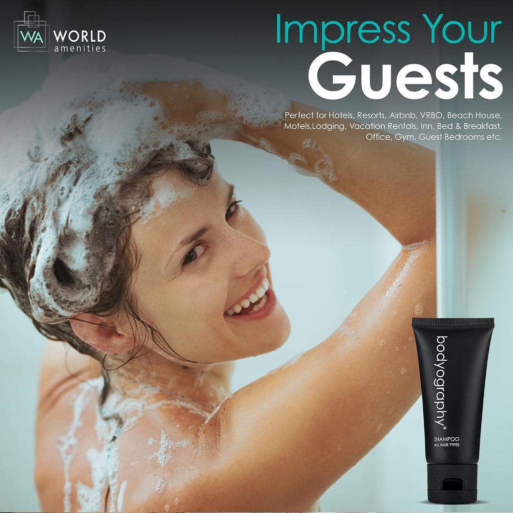 World Amenities - Bodyography - Bulk Shampoo | 300 Count, 1.4oz | Lavender Peppermint, Mini Travel Size Toiletries (100% Recyclable Tube with Flip Top Cap) Hotel Amenities.
