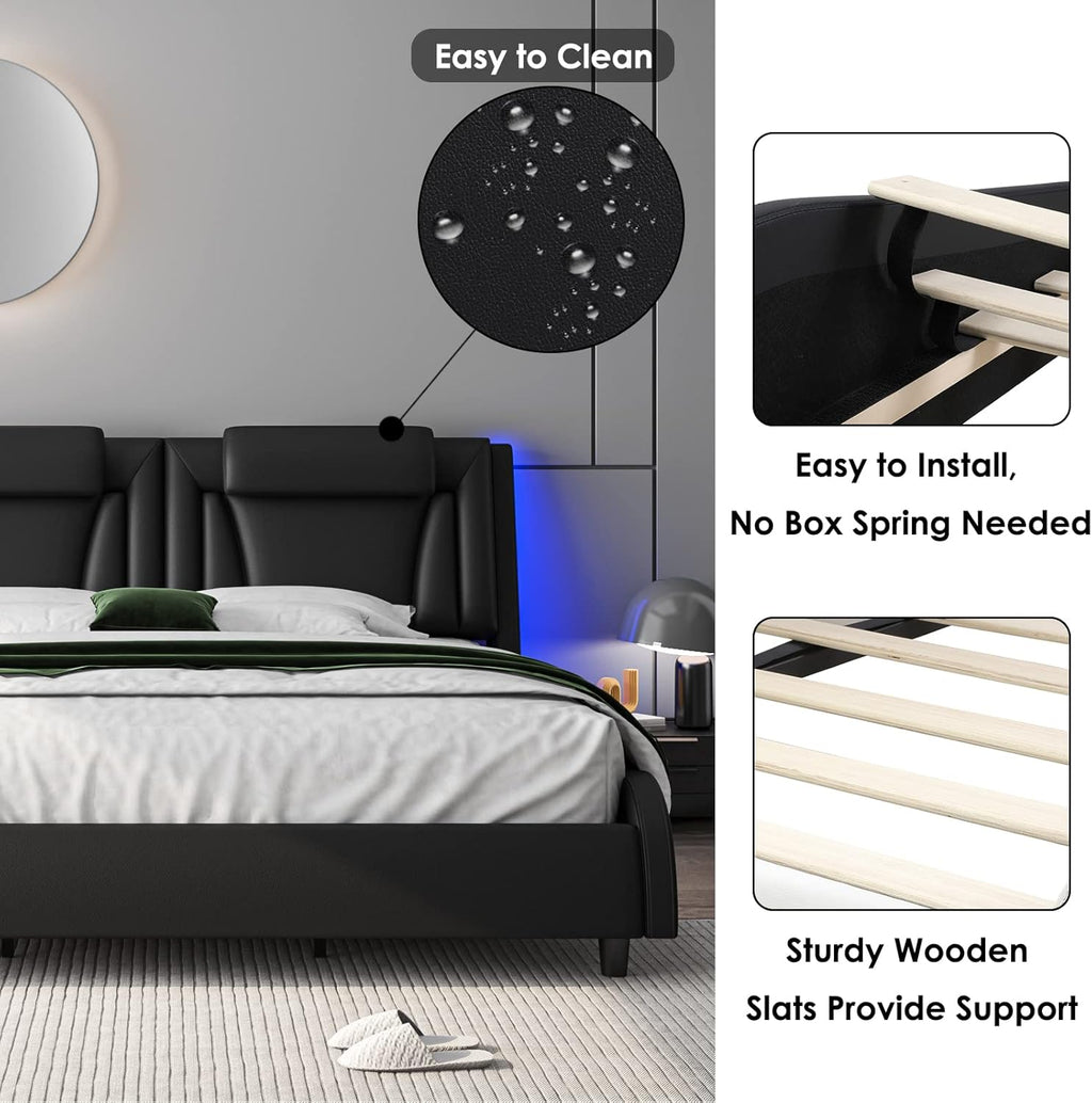 Keyluv King Size LED Bed Frame with Adjustable Headboard & Removable Pillow, PU Leather Upholstered Platform Bed, Wave-Like Curve Safety Design, Solid Wooden Slats Support, Easy Assembly, Black